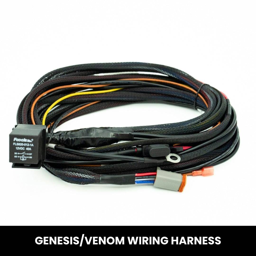12V 3 Stage Operation Wiring Harness for Venom and Genesis LED - complete with 4 pin Deutch style connectors, HB3 and H4 patch harness connectors, switch and accessories